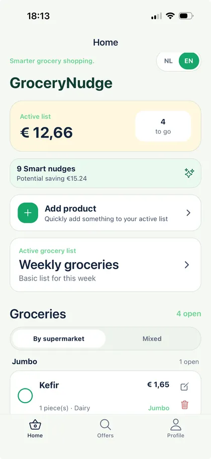 GroceryNudge home screen with active list, Smart Nudges, and groceries by supermarket