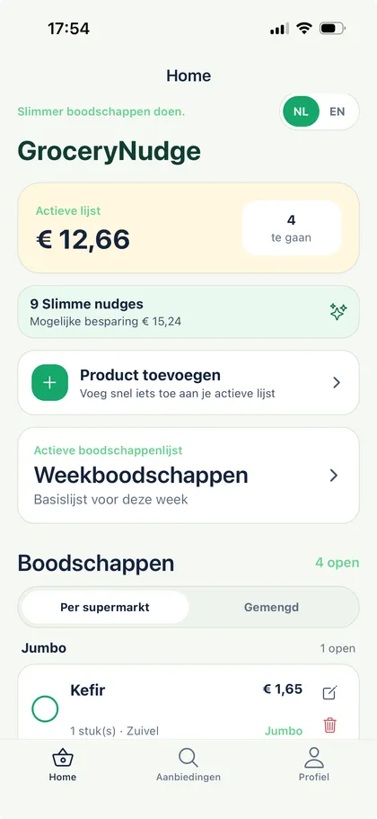 GroceryNudge home scherm met actieve lijst, slimme nudges en boodschappen per supermarkt