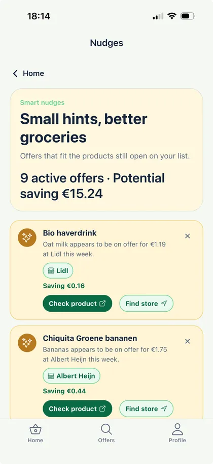 GroceryNudge Smart Nudges screen with matching offers, savings, and product or store actions