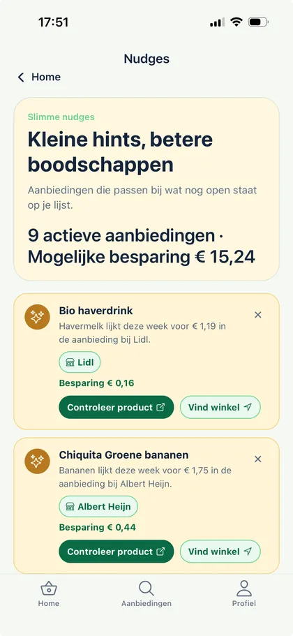 GroceryNudge slimme nudges scherm met aanbiedingen, besparing en acties om product of winkel te controleren