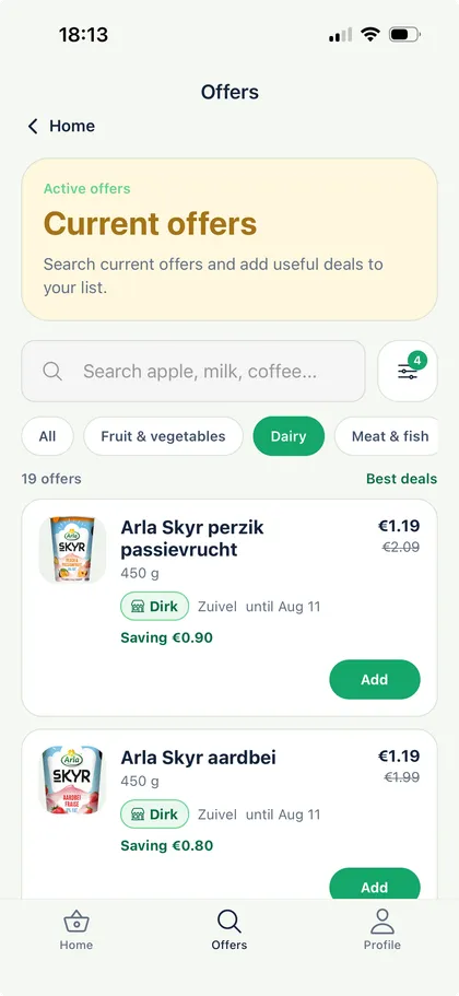 GroceryNudge offers screen with search, filters, sorting, and current supermarket offers