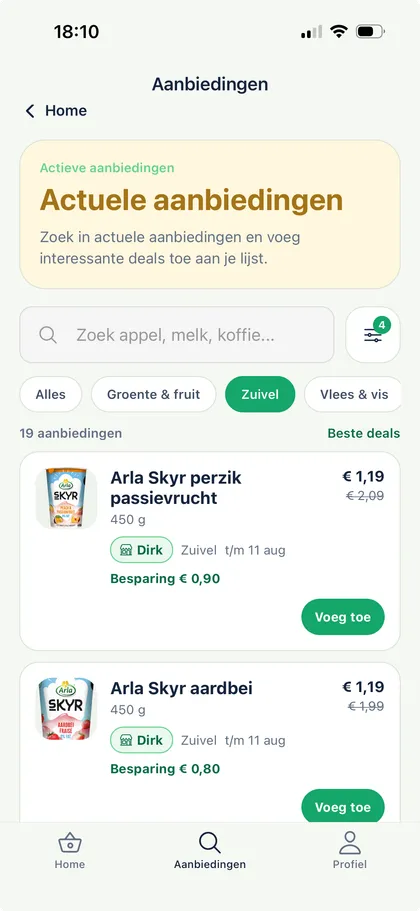 GroceryNudge aanbiedingen scherm met zoekfunctie, filters, sortering en actuele supermarkt aanbiedingen